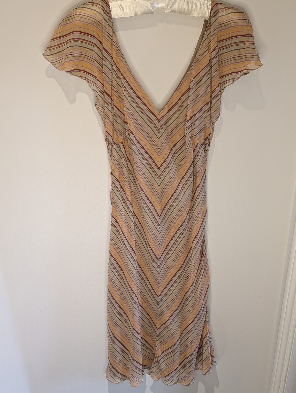Nougat London 100% Silk Chevron Stripe Midi Dress V-Neck Flutter Sleeve VTG Y2K